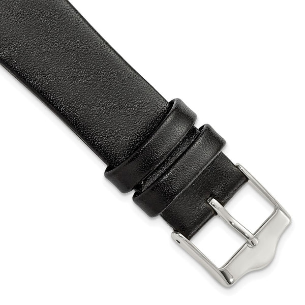 20mm Long Smooth Flat Black Leather Silver-tone Buckle Watch Band