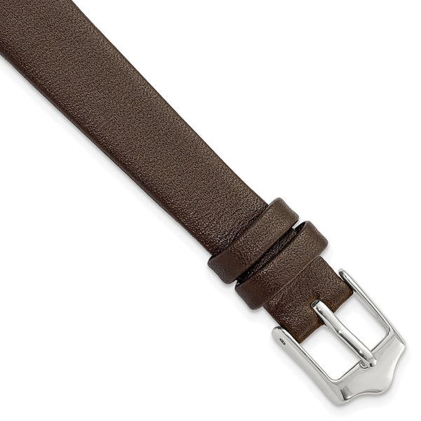 12mm Smooth Flat Dark Brown Leather Silver-tone Buckle Watch Band