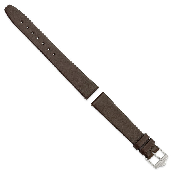 16mm Smooth Flat Dark Brown Leather Silver-tone Buckle Watch Band