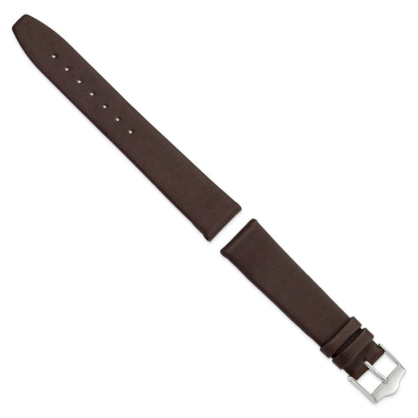 18mm Smooth Flat Dark Brown Leather Silver-tone Buckle Watch Band