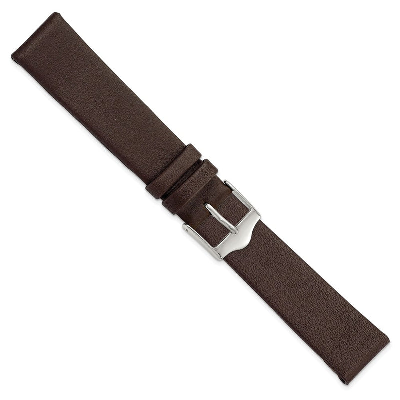 18mm Smooth Flat Dark Brown Leather Silver-tone Buckle Watch Band