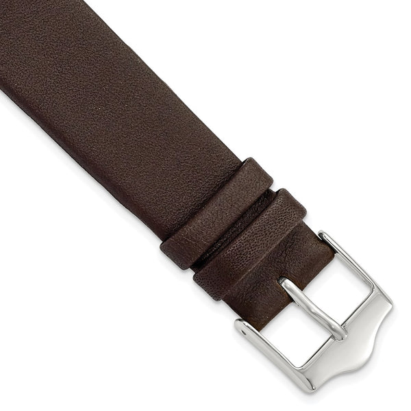 18mm Smooth Flat Dark Brown Leather Silver-tone Buckle Watch Band