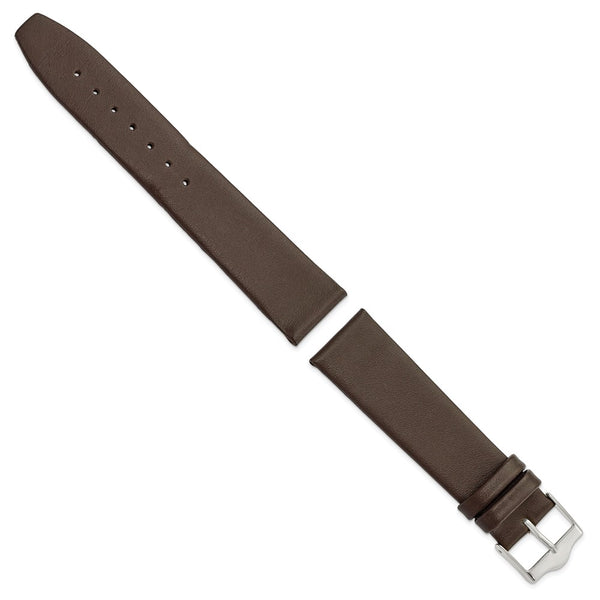 20mm Smooth Flat Dark Brown Leather Silver-tone Buckle Watch Band