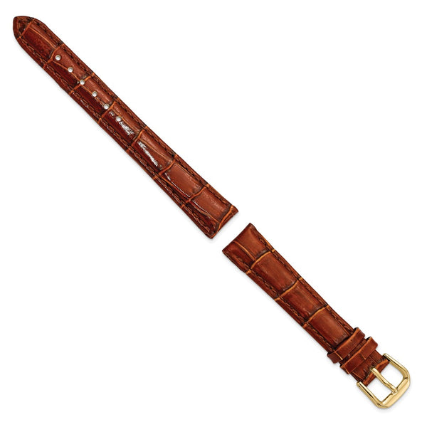 14mm Mahogany Brown Crocodile Dark Stitch Gold-tone Bkle Watch Band