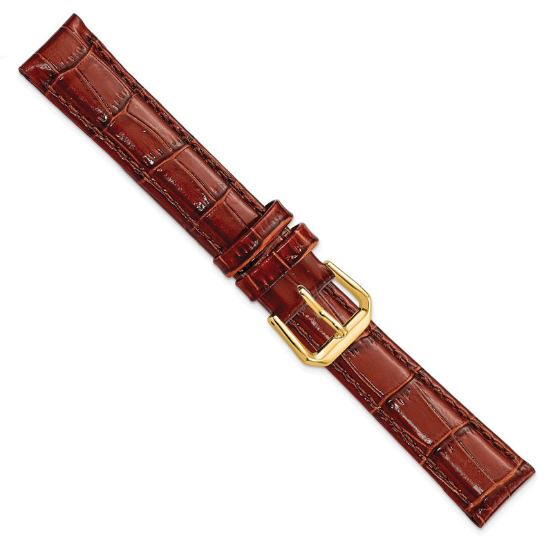 DeBeer 16mm Havana Crocodile Grain Leather with Dark Stitching and Gold-tone Buckle 7.5 inch Watch Band