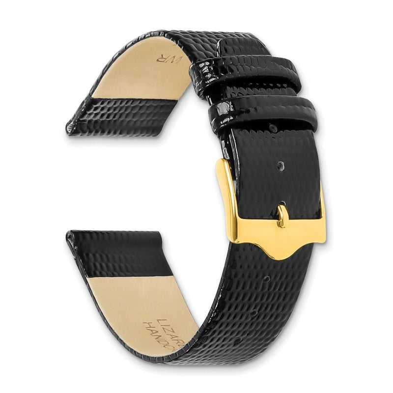 DeBeer 19mm Flat Black Lizard Grain Leather with Gold-tone Buckle 7.5 inch Watch Band