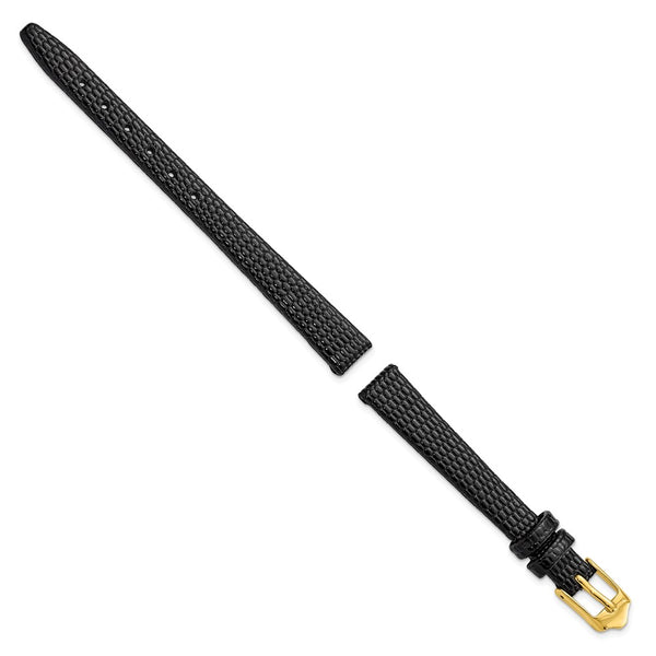 DeBeer 10mm Flat Black Lizard Grain Leather with Gold-tone Buckle 6.75 inch Watch Band