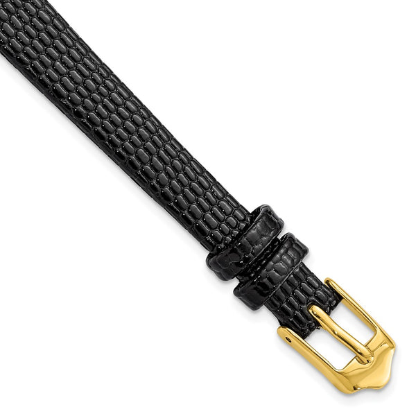 10mm Flat Black Lizard Grain Leather Gold-tone Buckle Watch Band