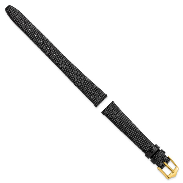 DeBeer 12mm Flat Black Lizard Grain Leather with Gold-tone Buckle 6.75 inch Watch Band