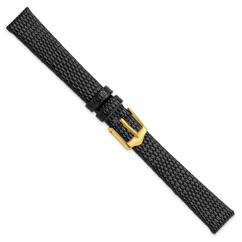 12mm Flat Black Lizard Grain Leather Gold-tone Buckle Watch Band