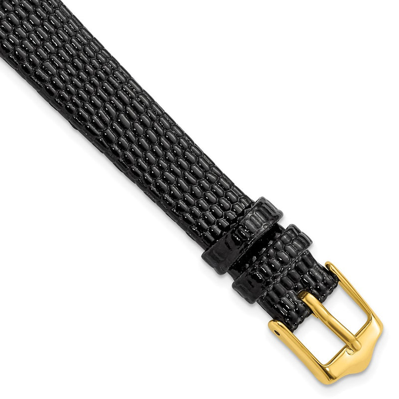 12mm Flat Black Lizard Grain Leather Gold-tone Buckle Watch Band
