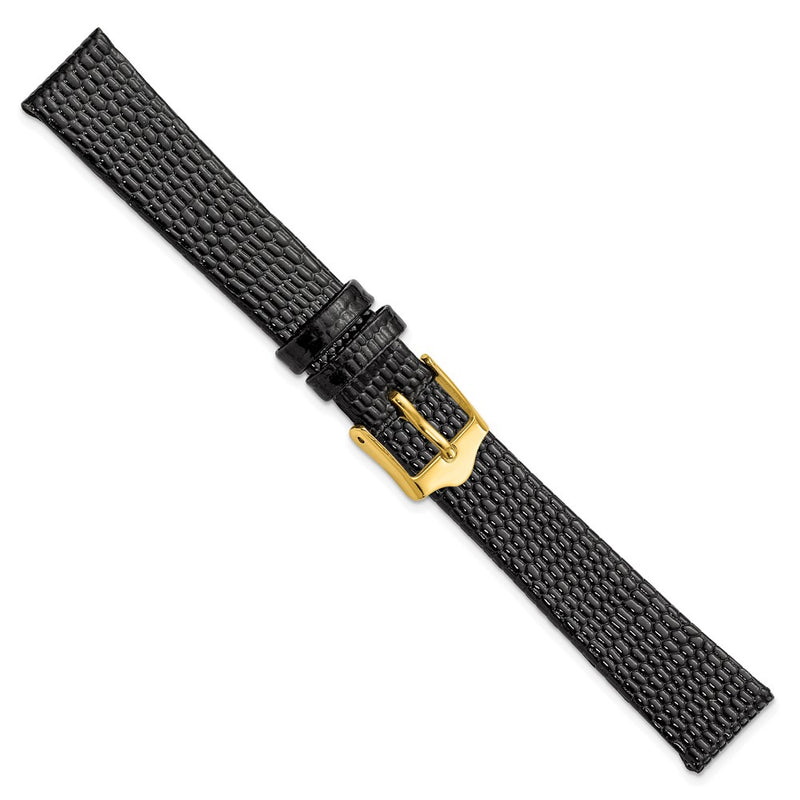 DeBeer 14mm Flat Black Lizard Grain Leather with Gold-tone Buckle 6.75 inch Watch Band