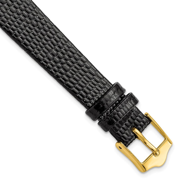 14mm Flat Black Lizard Grain Leather Gold-tone Buckle Watch Band