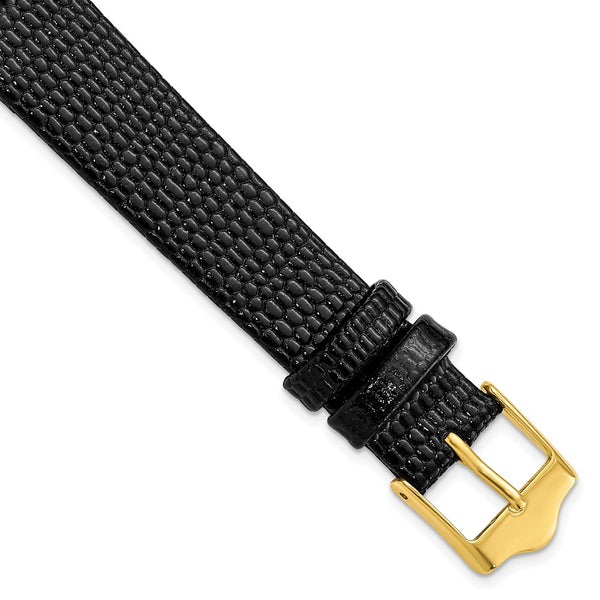 16mm Flat Black Lizard Grain Leather Gold-tone Buckle Watch Band