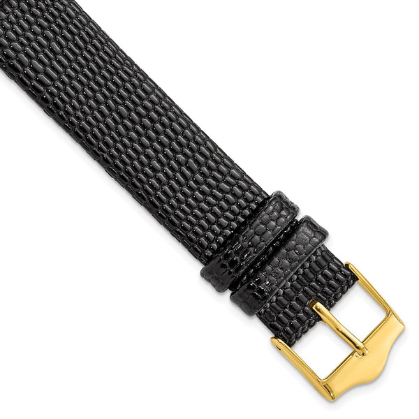 17mm Flat Black Lizard Grain Leather Gold-tone Buckle Watch Band