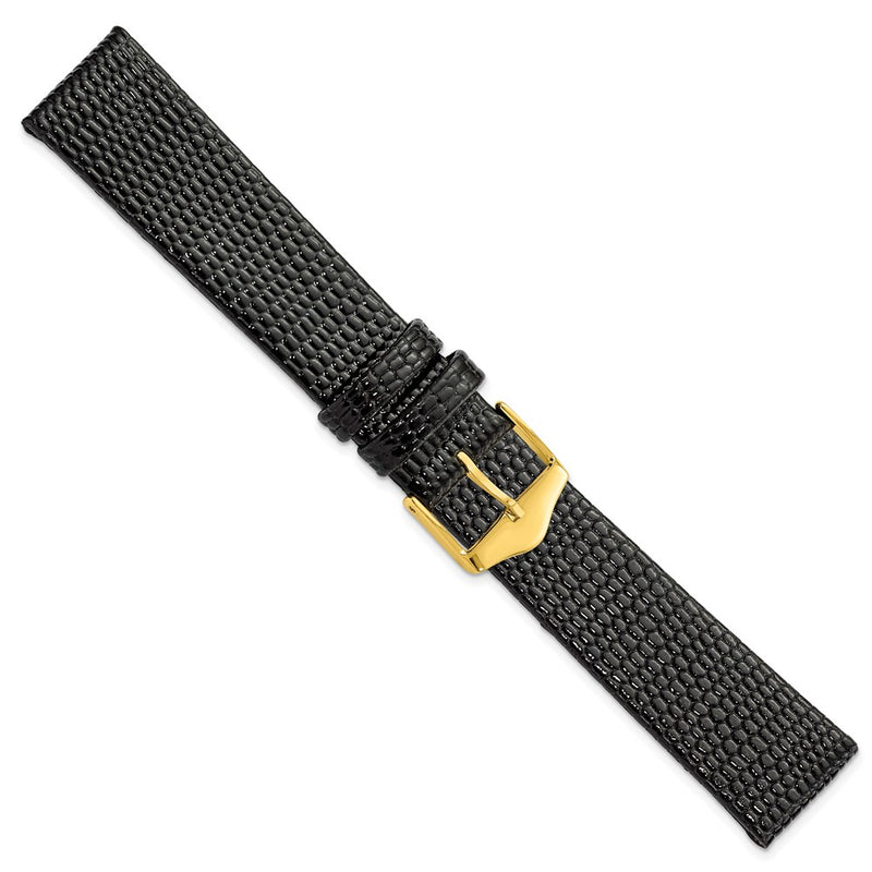 18mm Flat Black Lizard Grain Leather Gold-tone Buckle Watch Band