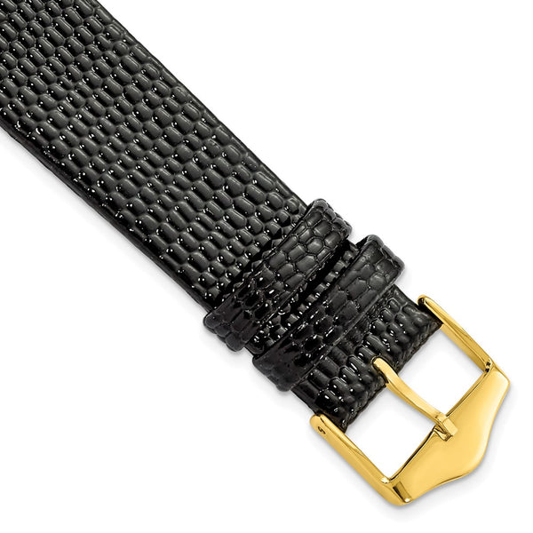18mm Flat Black Lizard Grain Leather Gold-tone Buckle Watch Band