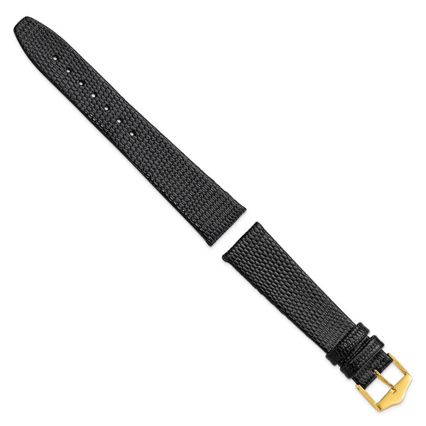 DeBeer 19mm Flat Black Lizard Grain Leather with Gold-tone Buckle 7.5 inch Watch Band