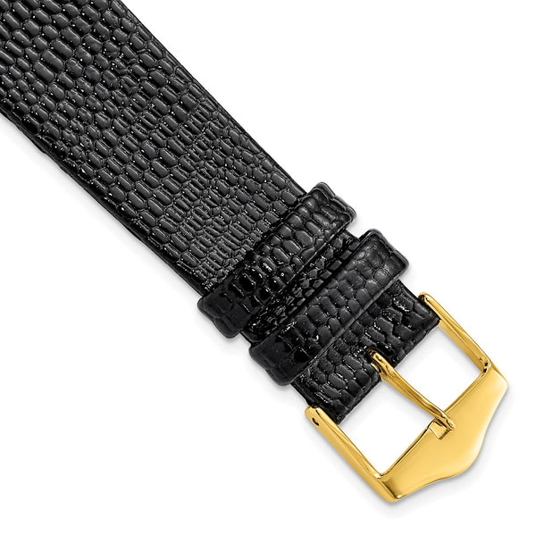 19mm Flat Black Lizard Grain Leather Gold-tone Buckle Watch Band
