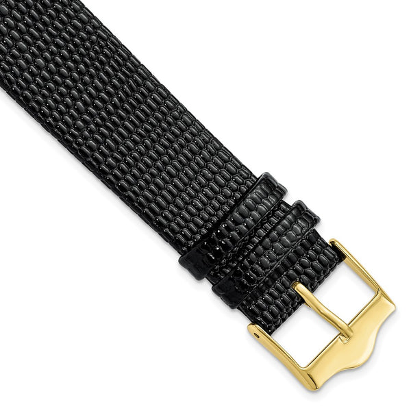 20mm Flat Black Lizard Grain Leather Gold-tone Buckle Watch Band