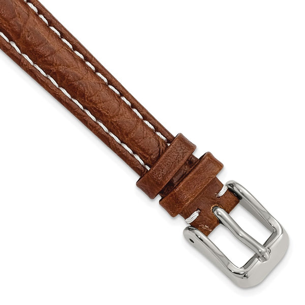 12mm Mahogany Brn Sport Leather White Stitch Slvr-tone Buckle Watch Band