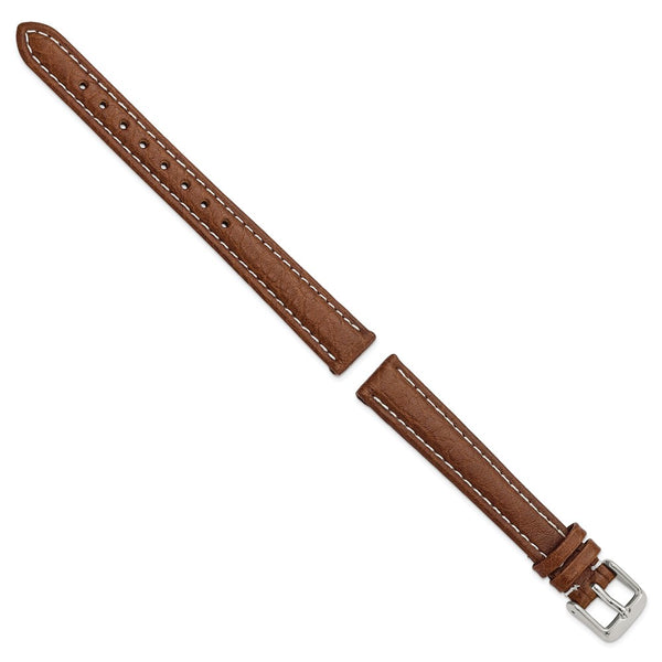 14mm Mahogany Brn Sport Leather White Stitch Slvr-tone Buckle Watch Band