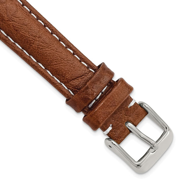 16mm Mahogany Brn Sport Leather White Stitch Slvr-tone Buckle Watch Band