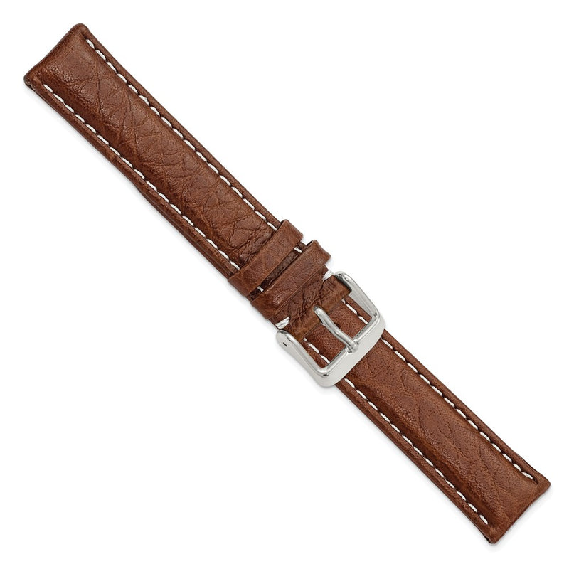 17mm Mahogany Brn Sport Leather White Stitch Slvr-tone Buckle Watch Band