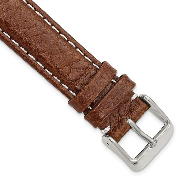 17mm Mahogany Brn Sport Leather White Stitch Slvr-tone Buckle Watch Band