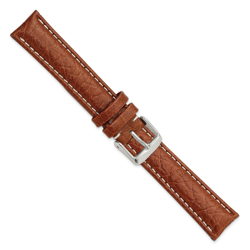 18mm Mahogany Brn Sport Leather White Stitch Slvr-tone Buckle Watch Band