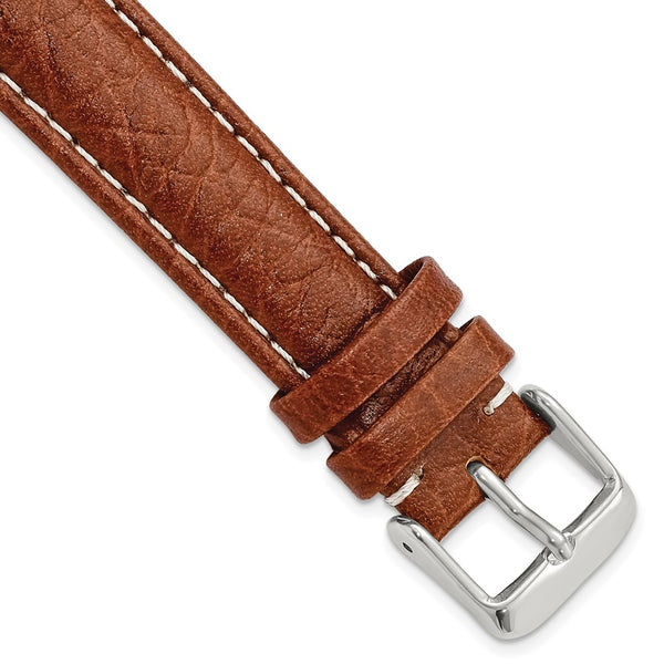 18mm Mahogany Brn Sport Leather White Stitch Slvr-tone Buckle Watch Band