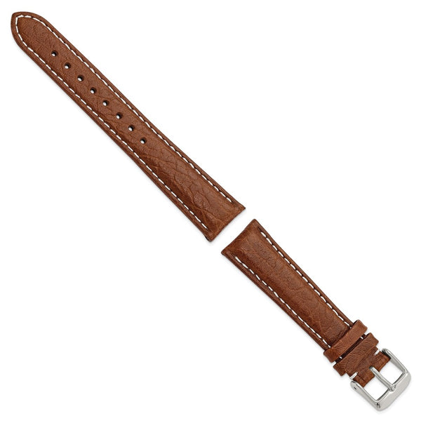 19mm Mahogany Brn Sport Leather White Stitch Slvr-tone Buckle Watch Band