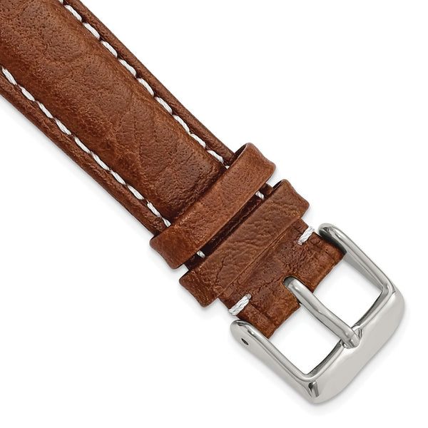 19mm Mahogany Brn Sport Leather White Stitch Slvr-tone Buckle Watch Band