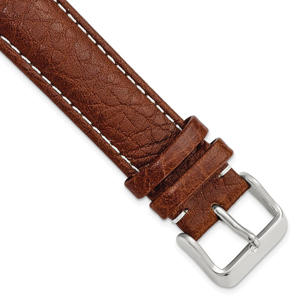 20mm Mahogany Brn Sport Leather White Stitch Slvr-tone Buckle Watch Band