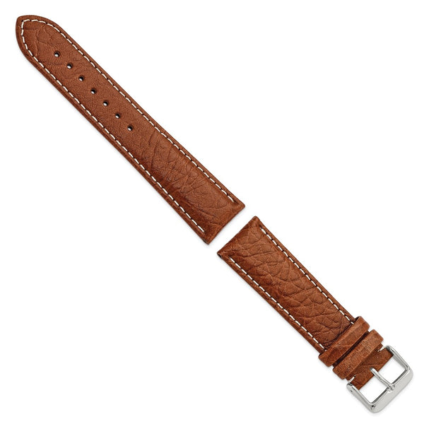 22mm Mahogany Brn Sport Leather White Stitch Slvr-tone Buckle Watch Band