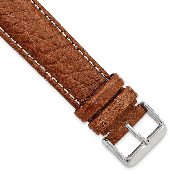 22mm Mahogany Brn Sport Leather White Stitch Slvr-tone Buckle Watch Band