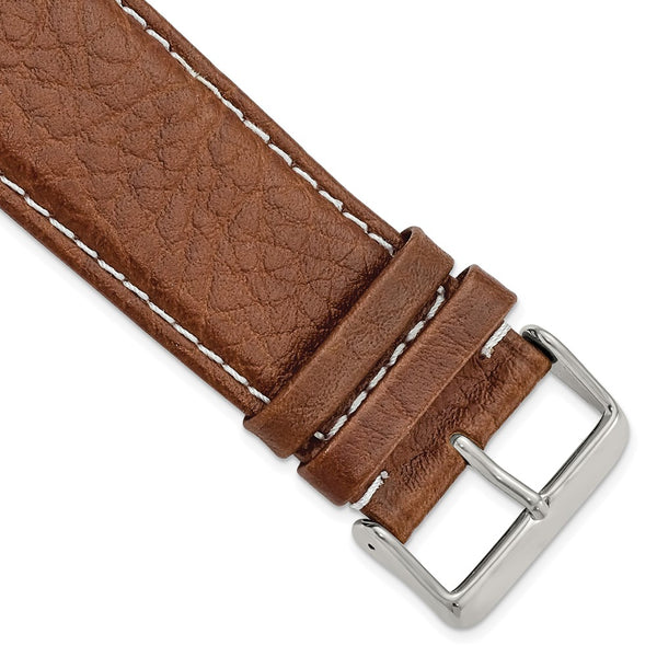 28mm Mahogany Brn Sport Leather White Stitch Slvr-tone Buckle Watch Band