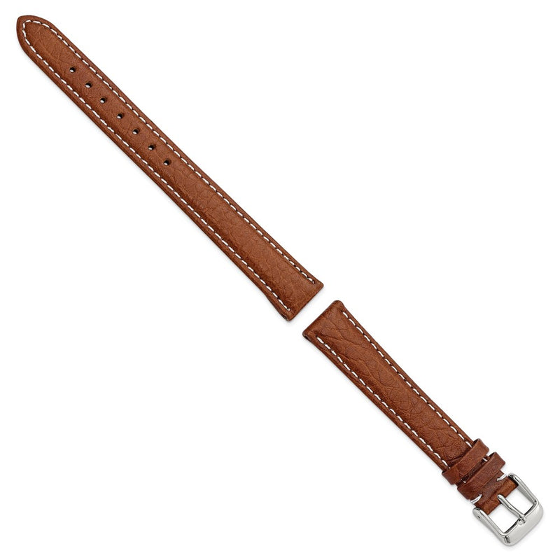 16mm Long Mahogany Brn Sport Leather White Stitch Slvr-tone Bkle Watch Band