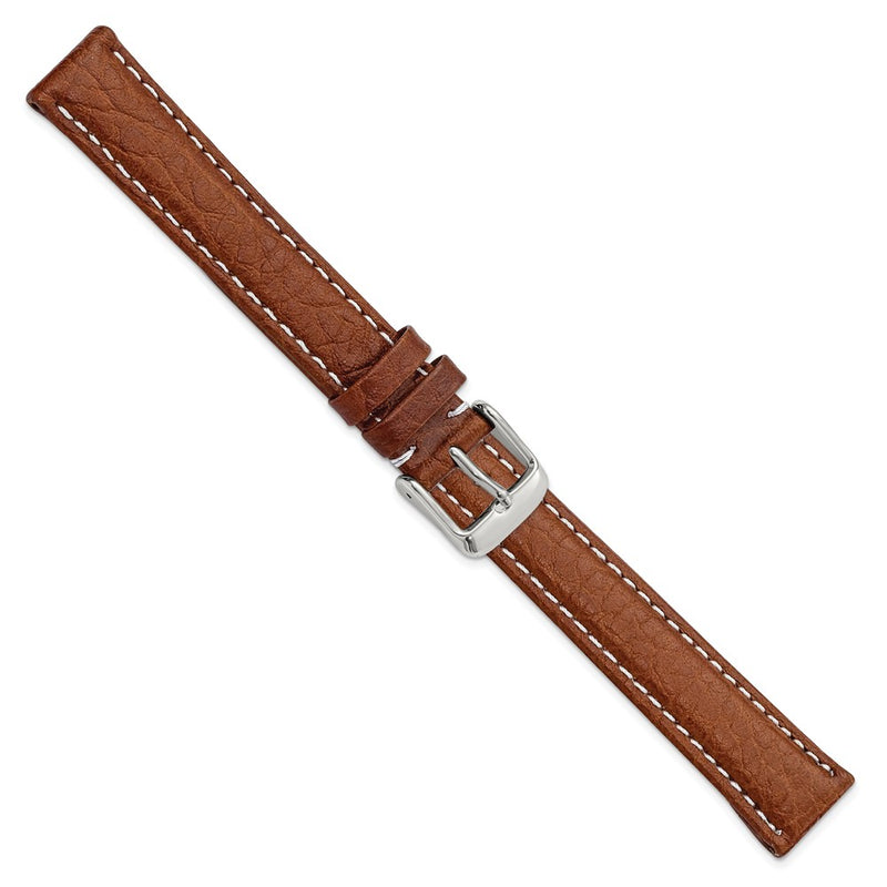 16mm Long Mahogany Brn Sport Leather White Stitch Slvr-tone Bkle Watch Band