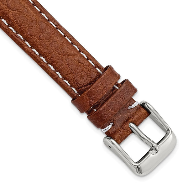 16mm Long Mahogany Brn Sport Leather White Stitch Slvr-tone Bkle Watch Band