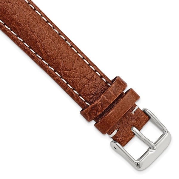 18mm Long Mahogany Brn Sport Leather White Stitch Slvr-tone Bkle Watch Band