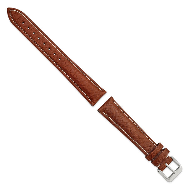 19mm Long Mahogany Brn Sport Leather White Stitch Slvr-tone Bkle Watch Band