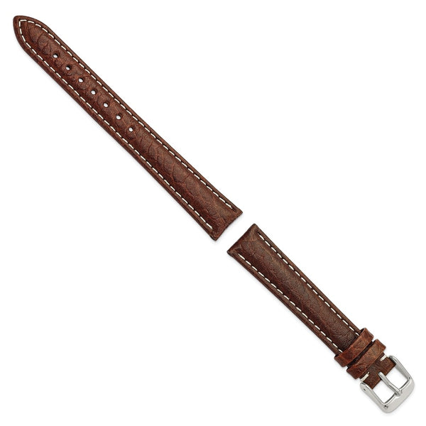 16mm Dark Brown Sport Leather White Stitch Silver-tone Buckle Watch Band