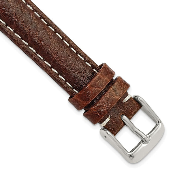 16mm Dark Brown Sport Leather White Stitch Silver-tone Buckle Watch Band