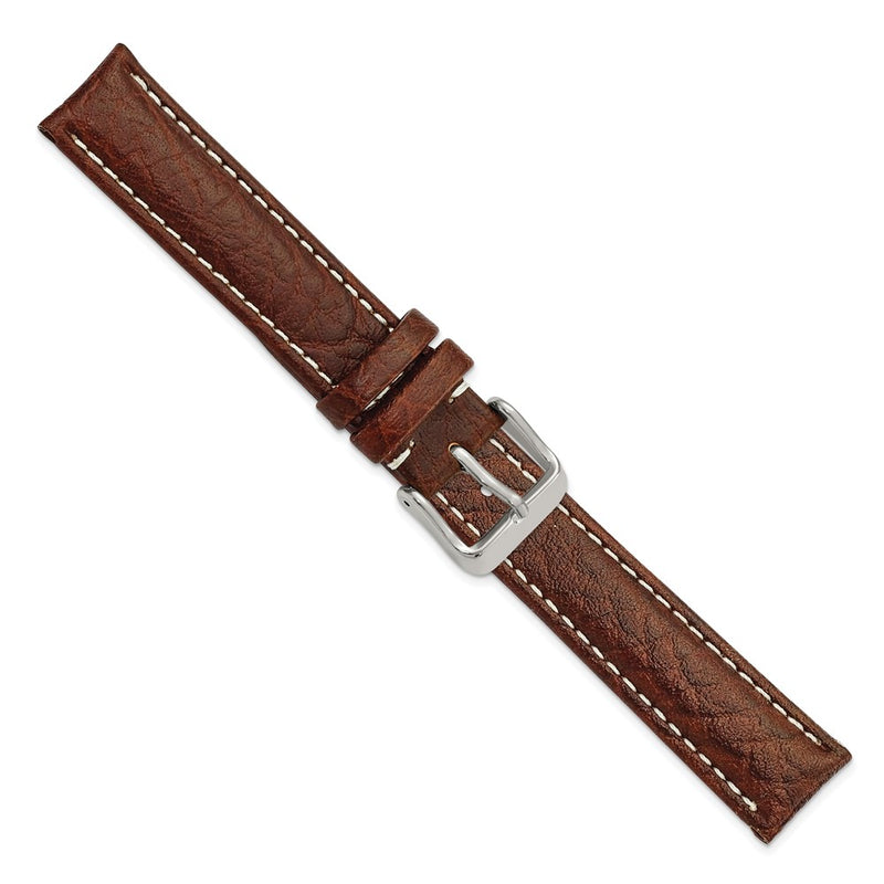 17mm Dark Brown Sport Leather White Stitch Silver-tone Buckle Watch Band