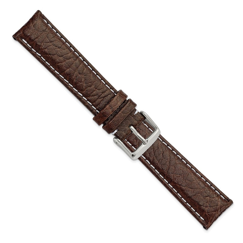 20mm Dark Brown Sport Leather White Stitch Silver-tone Buckle Watch Band