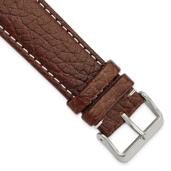 24mm Dark Brown Sport Leather White Stitch Silver-tone Buckle Watch Band