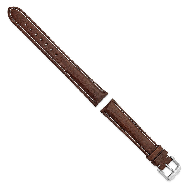 18mm Long Dark Brown Leather White Stitch Silver-tone Buckle Watch Band