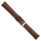 18mm Long Dark Brown Leather White Stitch Silver-tone Buckle Watch Band