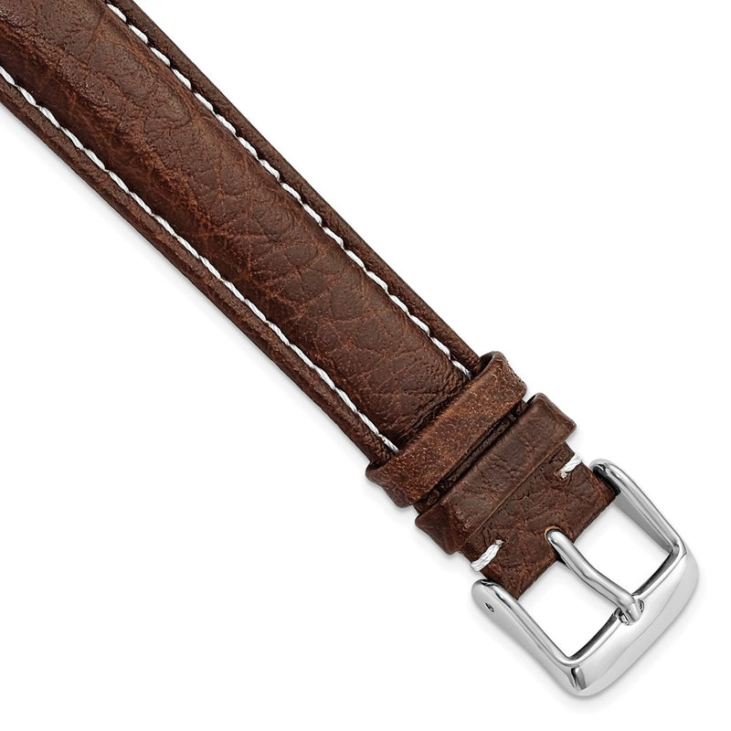 18mm Long Dark Brown Leather White Stitch Silver-tone Buckle Watch Band